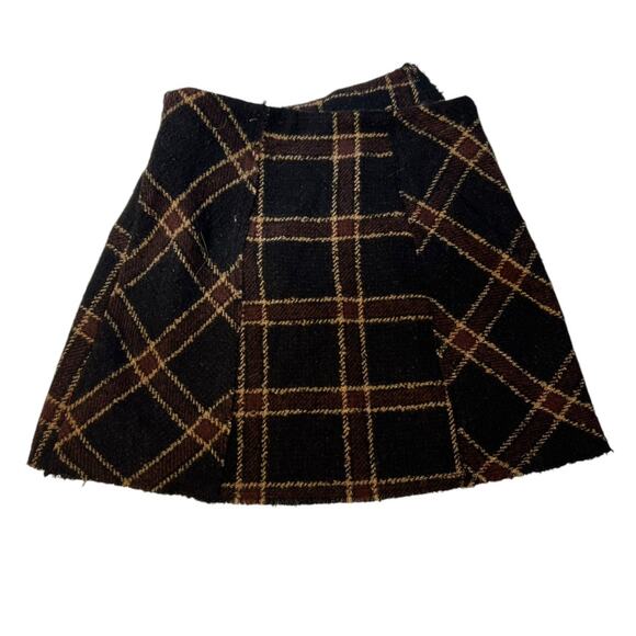 Urban Outfitters Black Brown Plaid Wool Wrap Mini Skirt Size M0 - Picture 4 of 6